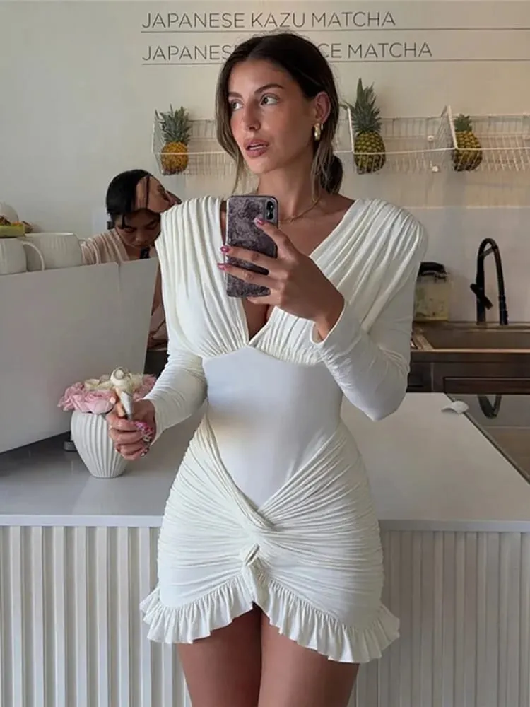 kliou Cross Ruffle Trim Women Mini Dress Simple Solid V-neck Ruched Full Sleeve Body-shaping Frock Female Classic Street Vestido — image 5