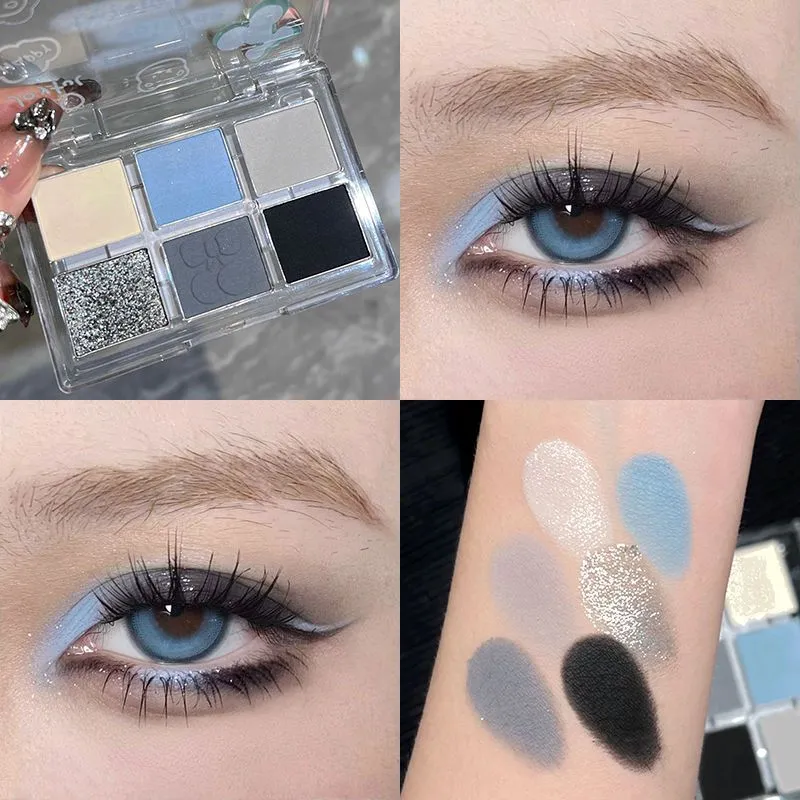 Punk Smokey Matte Glitter Eyeshadow Palette 6 Colors Shimmer Eye Shadow Makeup Palette Cool Toned Gray Blue Eye Pigment Palette — image 4