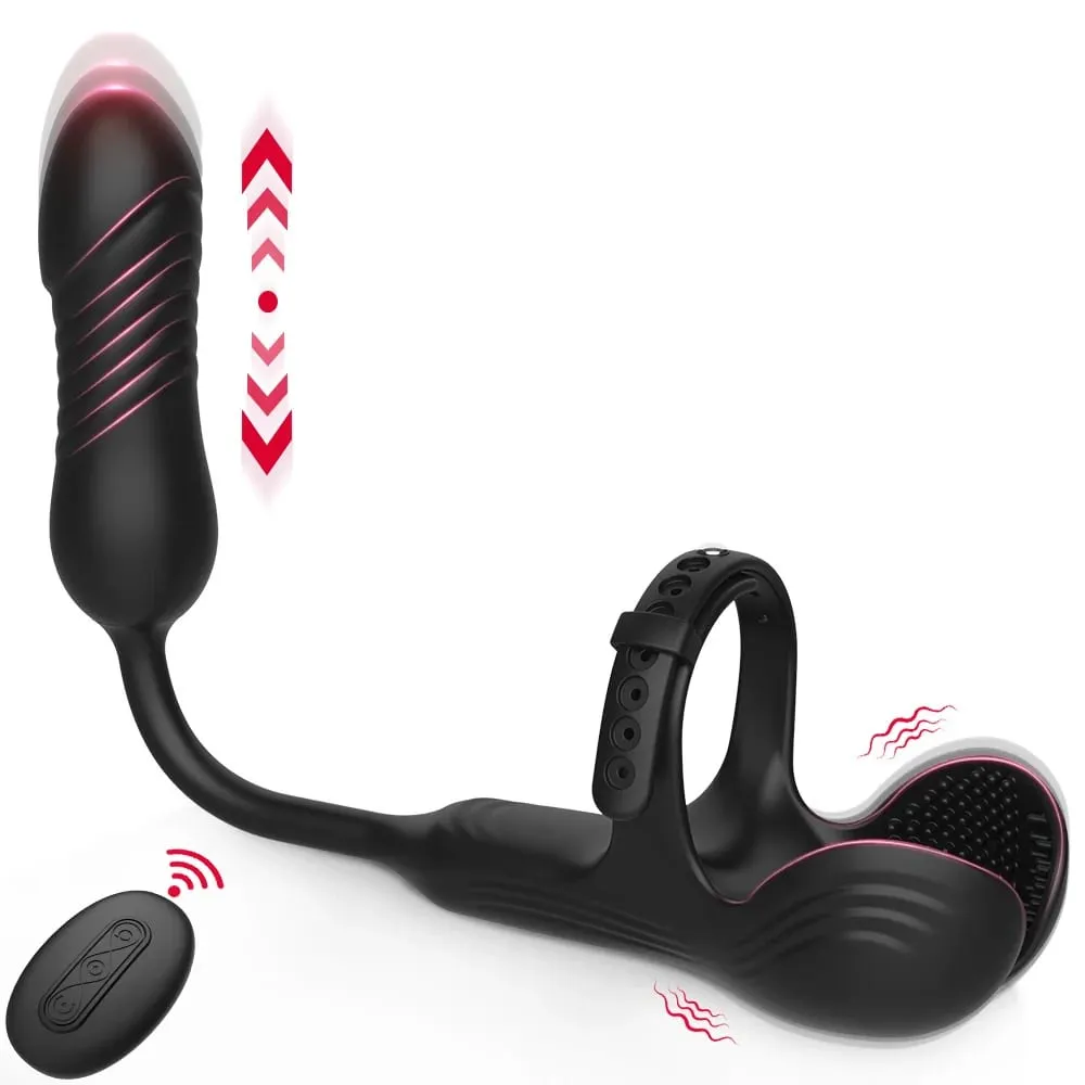 Empurrando plugue anal vibrador masculino massageador de próstata controle remoto anel peniano testículo taint estimulador brinquedos sexuais para homens casais — image 1
