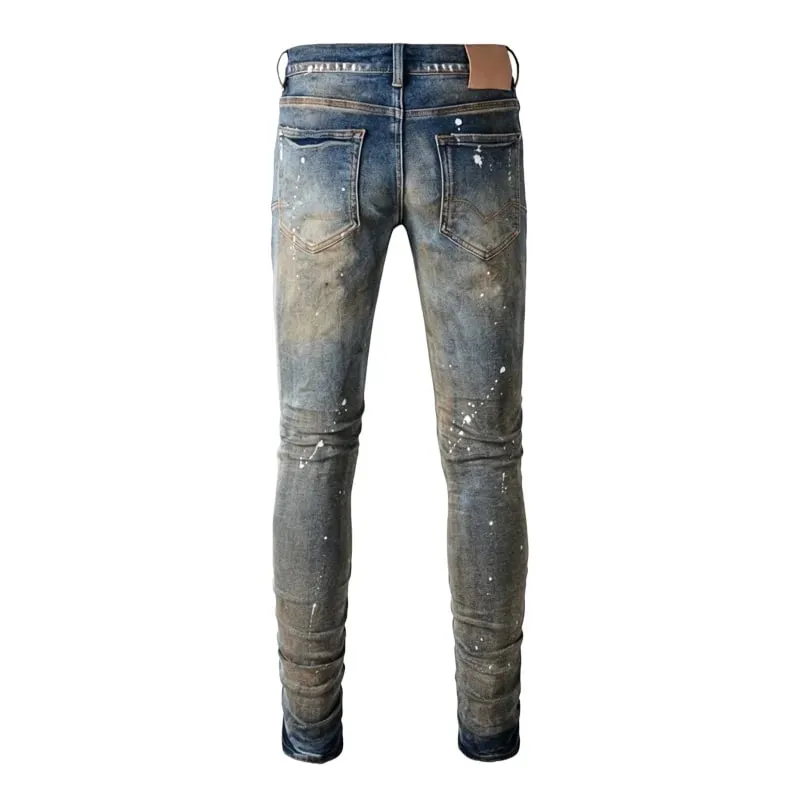 Jeans affusolati slim con strappi multipli da uomo Lavaggio sfumato blu vintage Bottoni con schizzi di vernice bianca Fly High Street Style — image 2