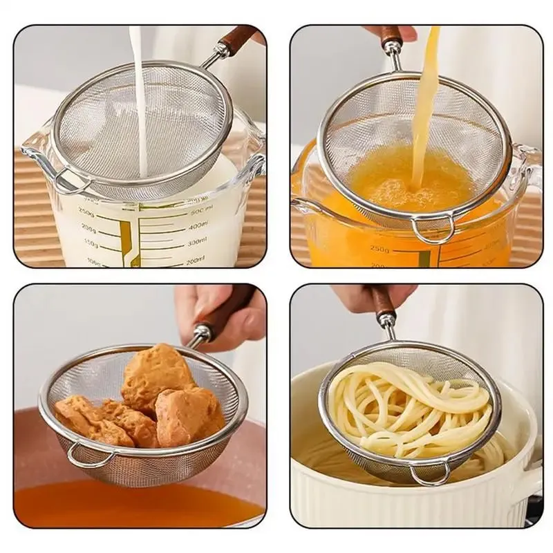 1 cucchiaio per filtro a rete in acciaio inossidabile con manico in legno, cucchiaio per filtro per farina, cucina domestica, filtro per alimenti fritti, strumento per la cottura dell'olio — image 5