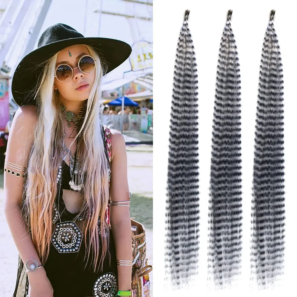 30roots Colored Synthetic Feather Stripe hair Extension 16 Inch I Tip Party Cosplay For Music Festival Halloween Christmas — image 9