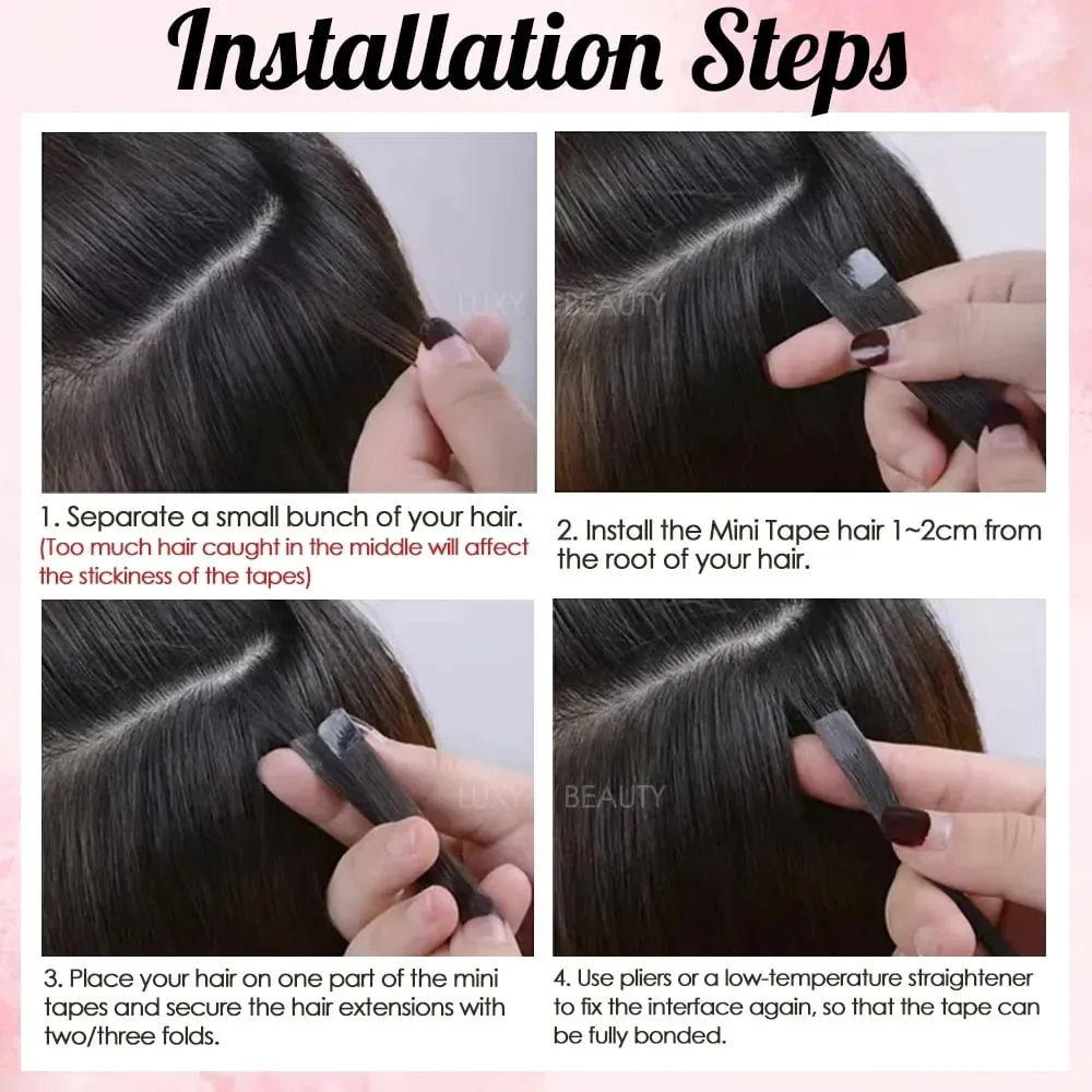 In evidenza Mini nastro marrone nelle estensioni dei capelli umani Mini nastro invisibile senza cuciture su doppio lato biondo nero naturale nei capelli 10 pezzi — image 7