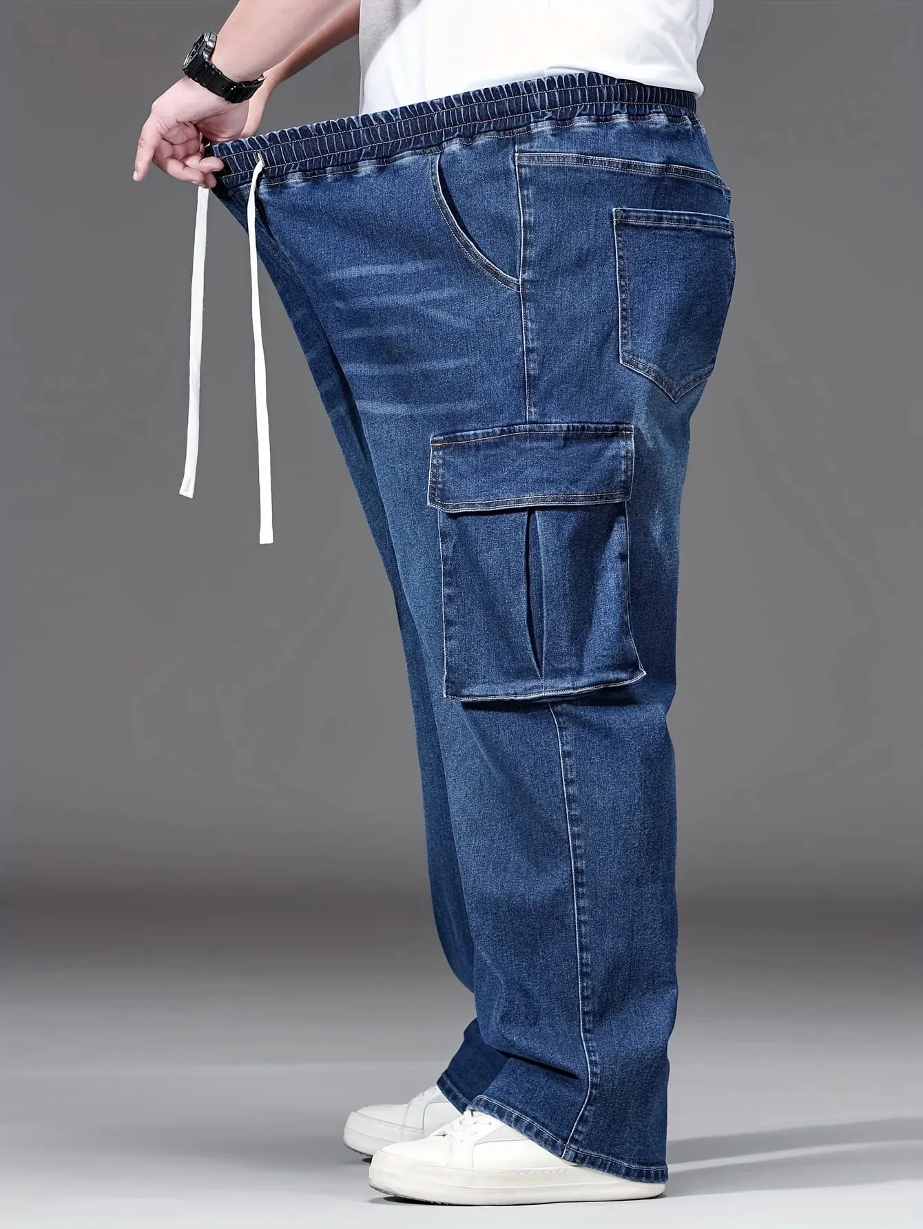 2026 nya män oversized jeans hög midja elastisk dragsko Stretch Baggy jeansbyxor Casual Mångsidiga byxor i plusstorlek