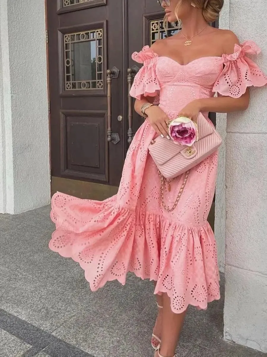 Gaun Wanita Bahu Terbuka Gaun Panjang Menengah Titik Solid Sambungan Seksi Ketat Pinggang Tinggi Leher V Garis A Elegan Slim Fit Vestidos