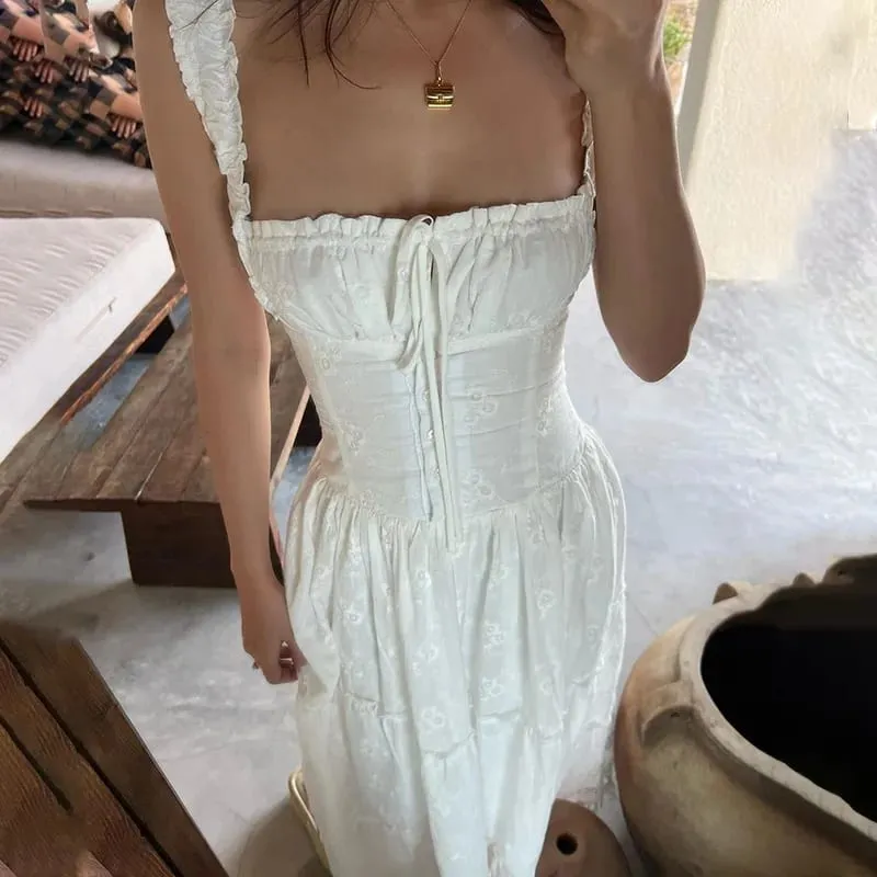 Y2K Elegant Square-คอชุดMaxiสีขาวฤดูร้อนSlim Lace Up Dresesภาษาฝรั่งเศสคำปาร์ตี้Beachwear Casual Vestidos