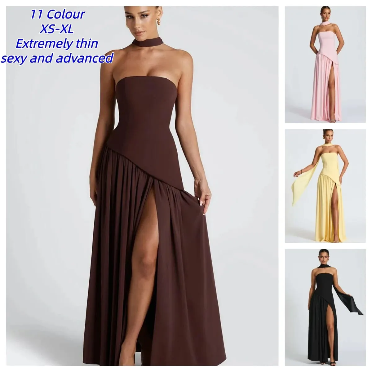Elegante abito da donna estivo sexy senza spalline con spalle scoperte Abito patchwork con pieghe Sciarpa collo Abiti lunghi da sera con spacco alto — image 2