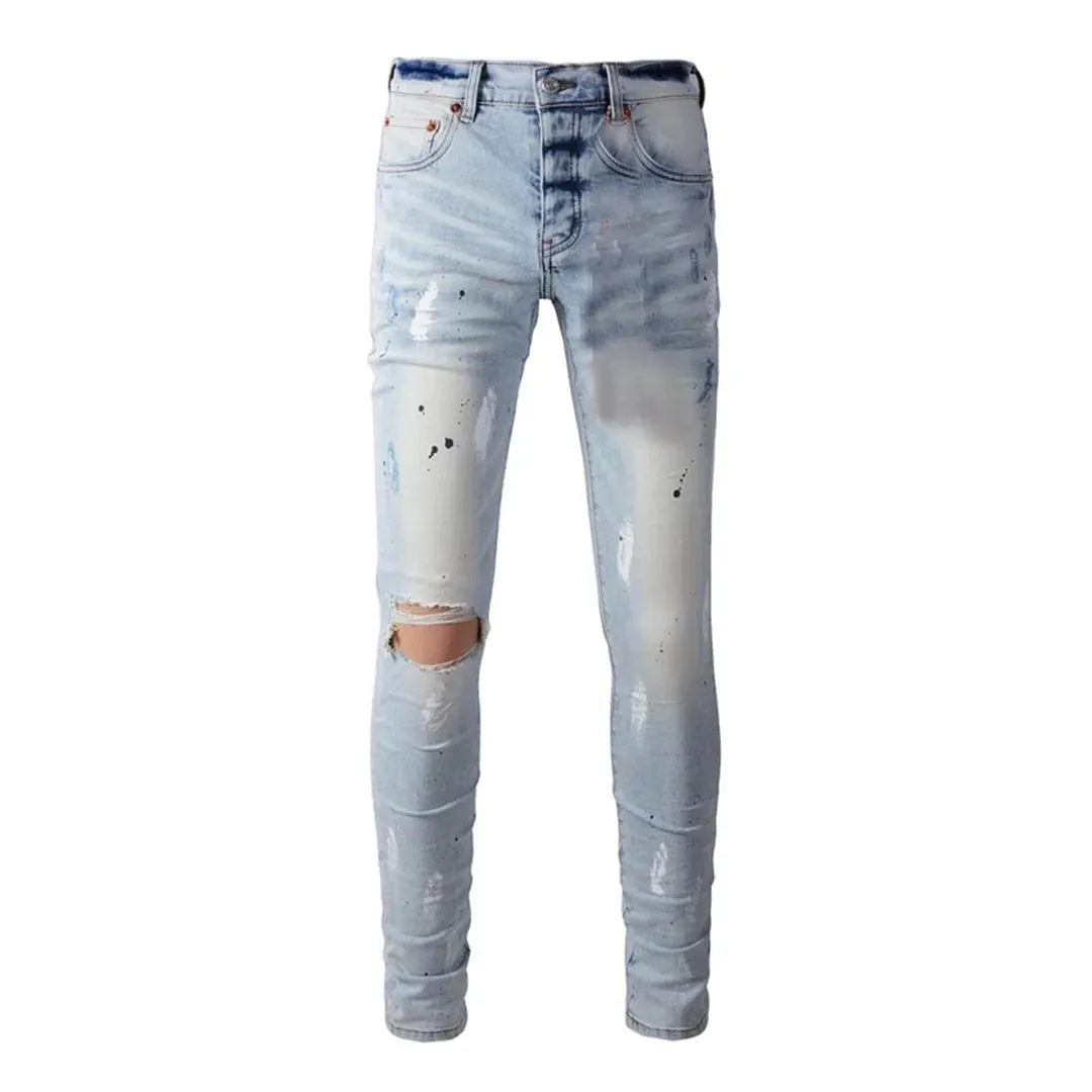 Pantaloni da uomo High Street Jeans American Distressed Nero scuro rivestito bianco elasticizzato con bottoni skinny e pantaloni strappati