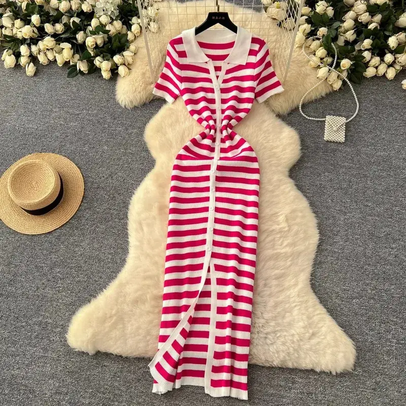 YuooMuoo Chic Fashion Sexy Wrap Hips Knitted Maxi Dress 2026 Summer Women Single-breasted Stripes Sweater Dress Streetwear Robes — image 2