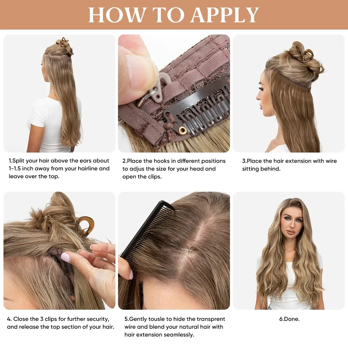 Extensions capillaires synthétiques ondulées invisibles, ligne de poisson ombrée, Blonde naturelle, postiche une pièce, faux cheveux — image 7