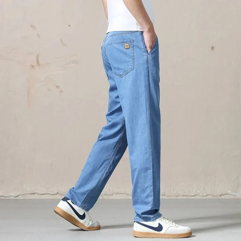 Baru Musim Bunga Musim Panas Biru Muda Seluar Jeans Lelaki Perniagaan Kapas Lurus Hitam Seluar Kasual untuk Lelaki Saiz Besar 28-40