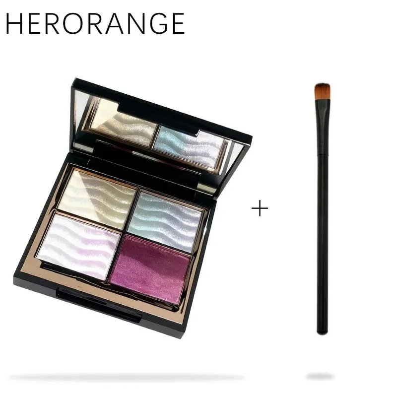 Palet Eyeshadow 4 Warna Herorange dengan Kuas Glitter Warna-warni Berkilau Multi-guna sebagai Sorotan & Perona Pipi untuk Pesta & Hadiah Sehari-hari