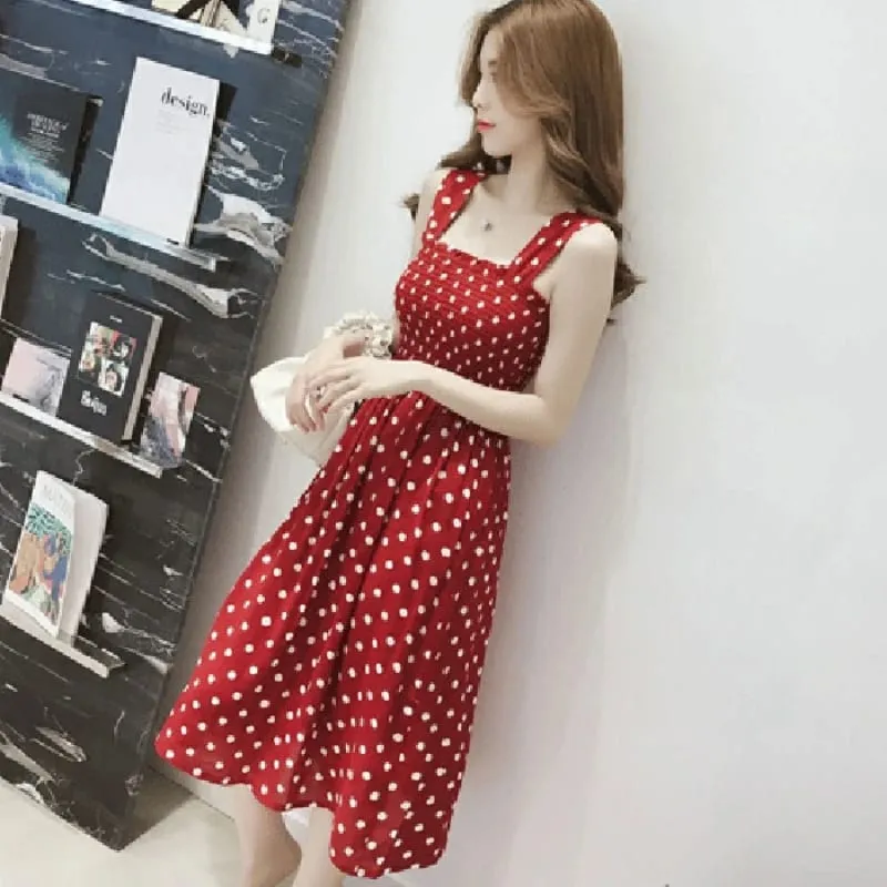 Women Summer Sleeveless Dot Dress Sexy Backless A-Line Spaghetti Strap Beach Style Dresses Camisole Off-Shoulder Folds Vestidos — image 3