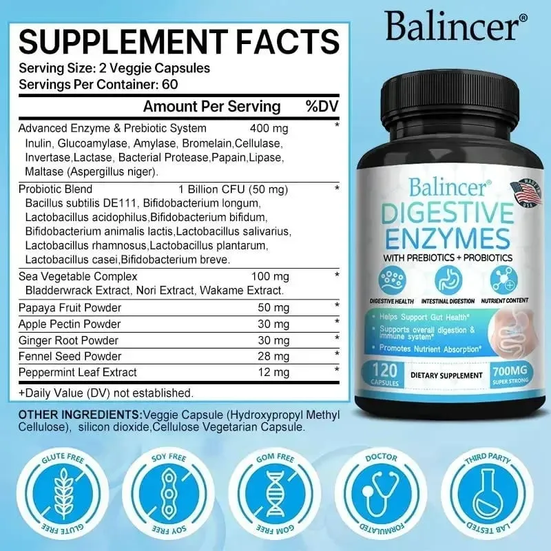 Cápsulas probióticas de enzimas digestivas orgánicas, nutrición prebiótica, digestión y salud intestinal, inmunidad adecuada para adultos y hombres — image 6