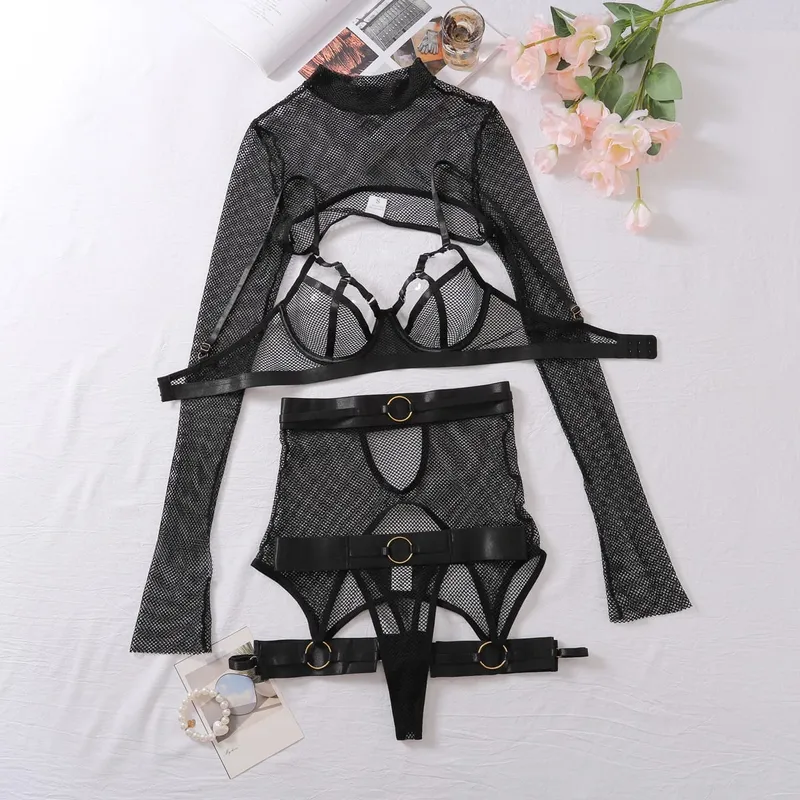 ตาข่าย Hollow โปร่งใสเร้าอารมณ์ Bra Thong แขนยาวสั้นเสื้อสุภาพสตรีเซ็กซี่เย้ายวนชุดชั้นในชุดชุด