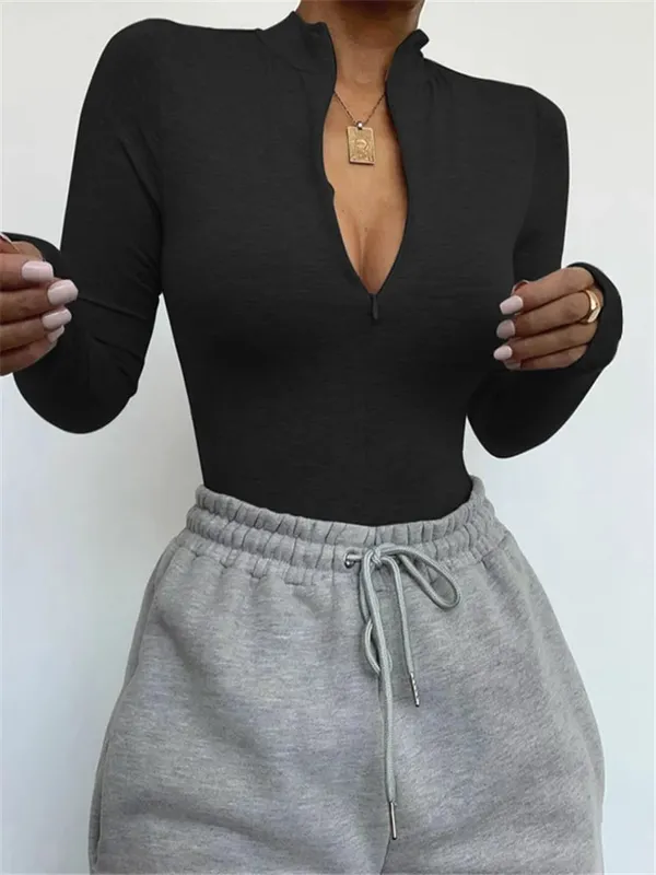 Shestyle Solid Zipper Bodycon Bodysuits Women Sexy Mock Neck Autumn Long Sleeve Fashion Slim Basic Body Winter Gray Outfits Lady — image 4