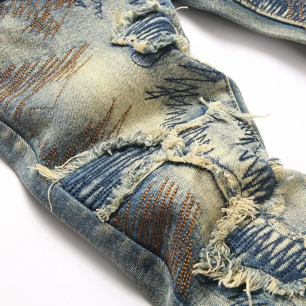 Män Broderi Patch Boot Cut Jeans Patchwork Stretch Denim Slimma utsvängda byxor Vintage blå Streetwear byxor — image 4