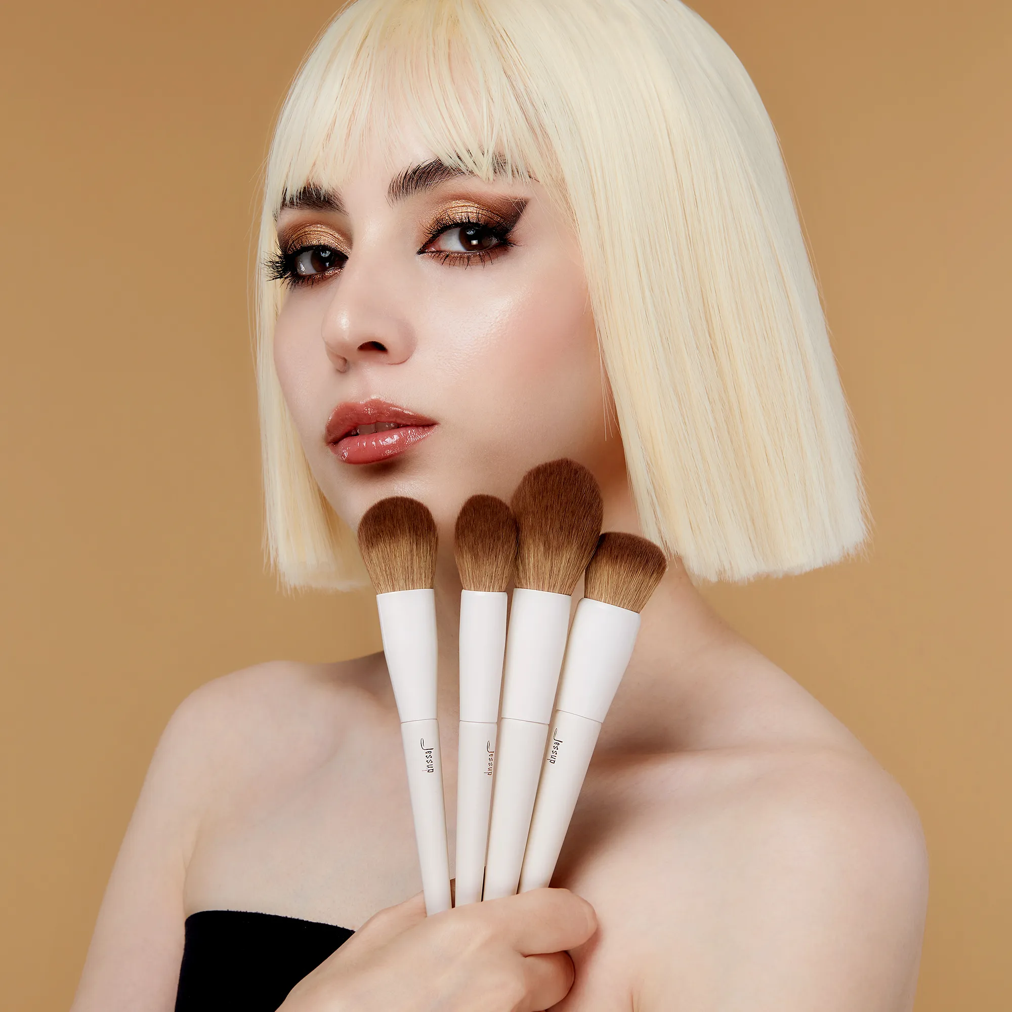 Jessup Face Brushes ชุดแปรงแต่งหน้า 5 ชิ้น Vegan Foundation Blush Bronzer แปรง Contour Fluffy Setting Powder Light สีเทา T493 — image 5