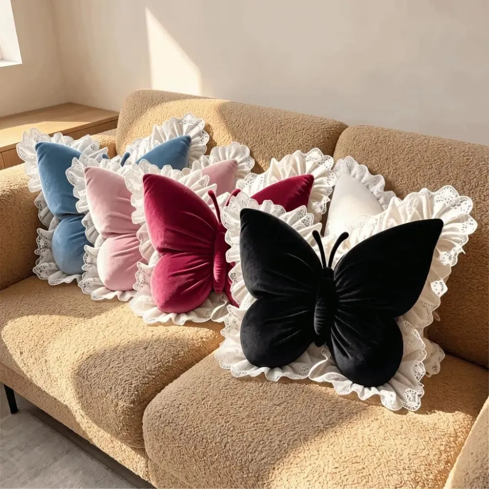 Home Decor Velvet Butterfly Plush Pillow Soft Lace Trim Bow Plush Cushion Plush Cute Bow Throw Pillow Bedroom — image 3