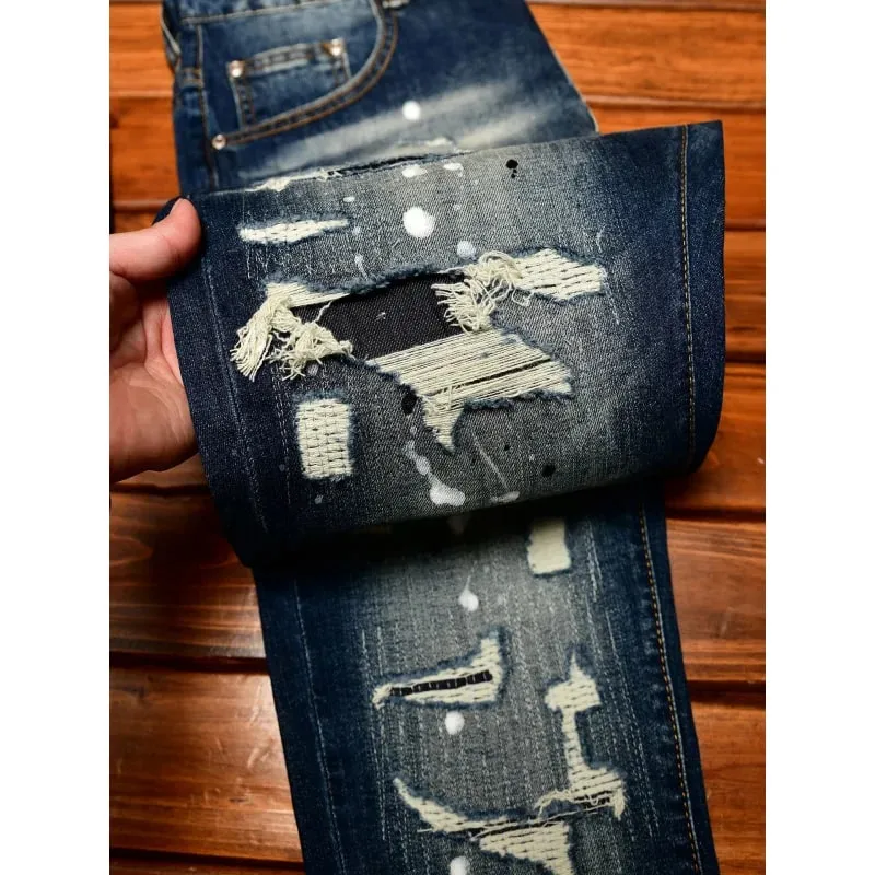 High end nostalgic jeans for men slim fit with small holes patches scraped inkjet street trend elastic retro denim pants — image 1