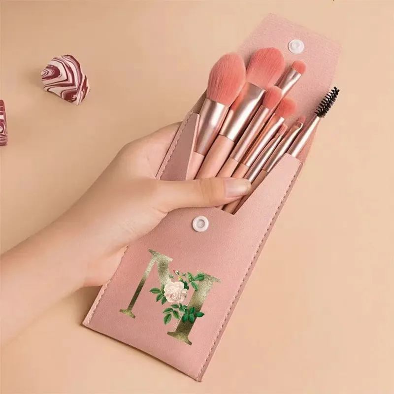 Juego de brochas de maquillaje para principiantes, brochas suaves y esponjosas para rostro y ojos con bolsa de PU, ideal para maquilladores, patrón de flores doradas — image 11