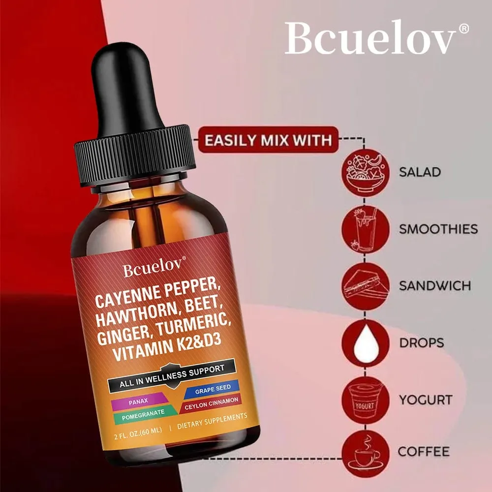 Cayenne Pepper Tekuté kapky + Hawthorn Vitamin D3 K2 Cejlonská skořice Kurkuma BIO doplněk k ženšenu pro zdraví střev — image 7