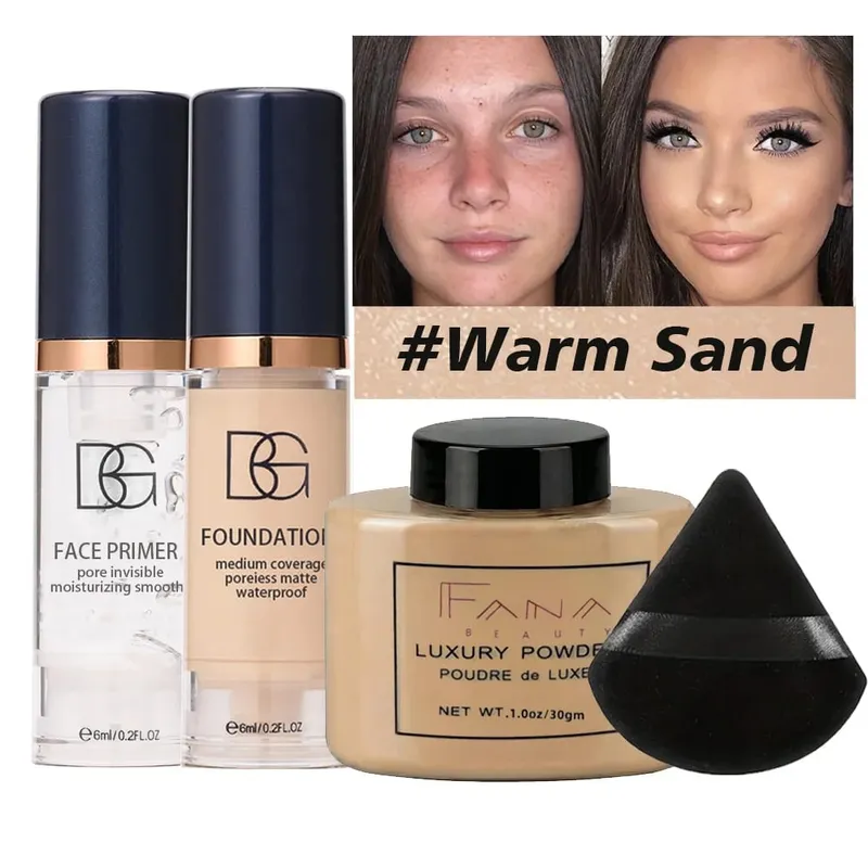 Conjunto de 4 unidades de pacote de maquiagem facial - Pó de configuração de base fosca de primer suavizante com sopro - Pacote de valor à prova d'água de longa duração
