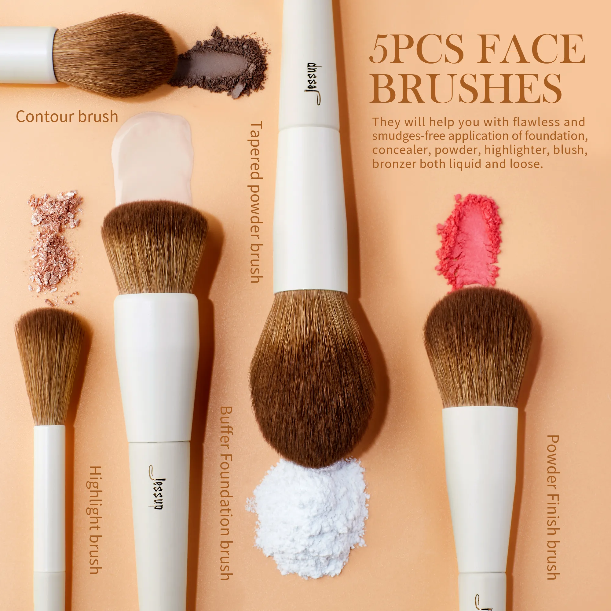 Jessup Face Brushes ชุดแปรงแต่งหน้า 5 ชิ้น Vegan Foundation Blush Bronzer แปรง Contour Fluffy Setting Powder Light สีเทา T493 — image 3