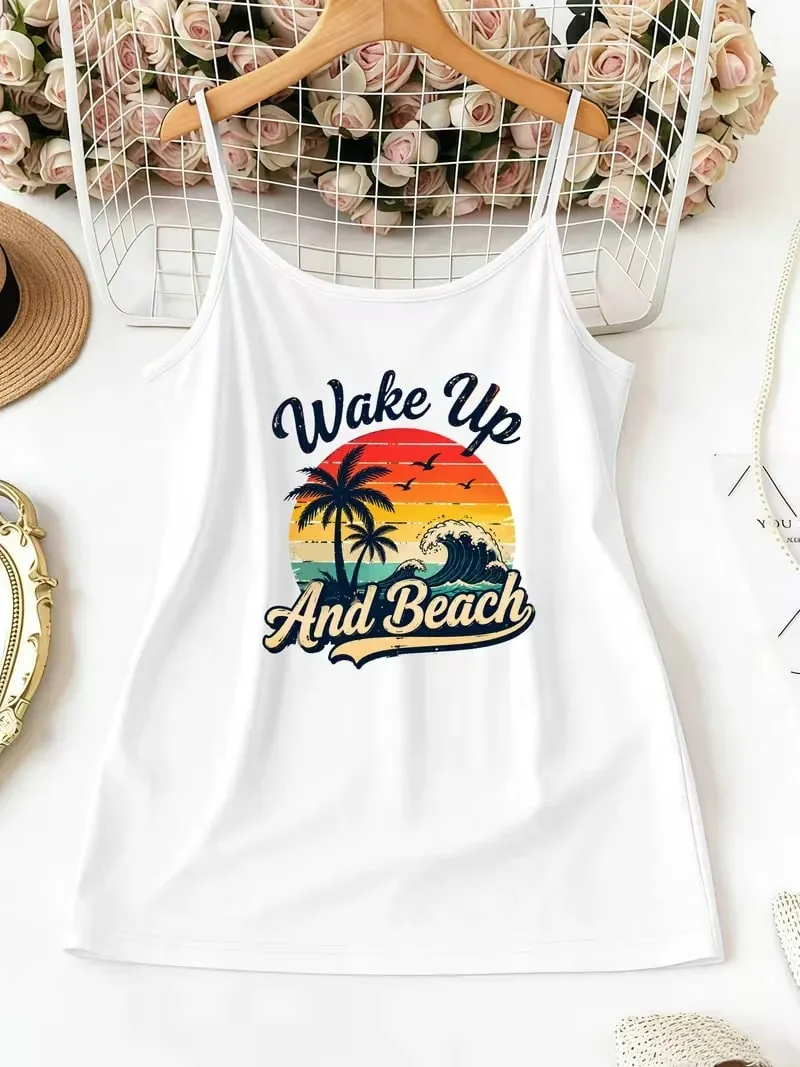 Wanita Musim Panas Spaghetti Strap Cami Tank Top Beach Flip‑flop Seashell Print Tanpa Lengan Kamisol Kasual Percutian Y2K Pakaian Harian Tops