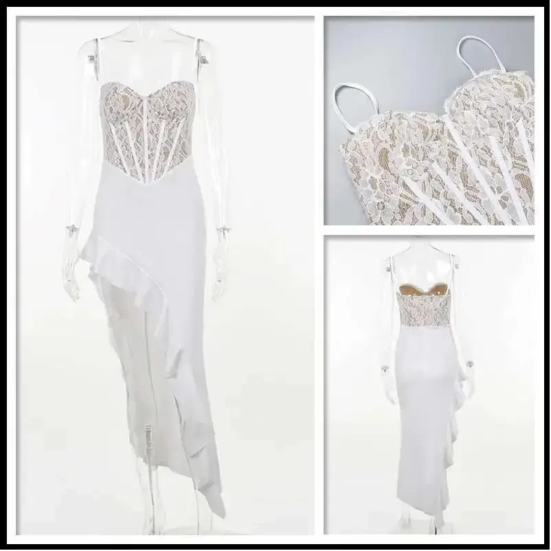 Townlike Ruffles Rappezzatura Del Merletto Elegante Lungo Maxi Vestito Delle Donne Della Cinghia di Spaghetti 2023 Vestito da Estate Discoteca Abiti da Festa Sexy — image 6