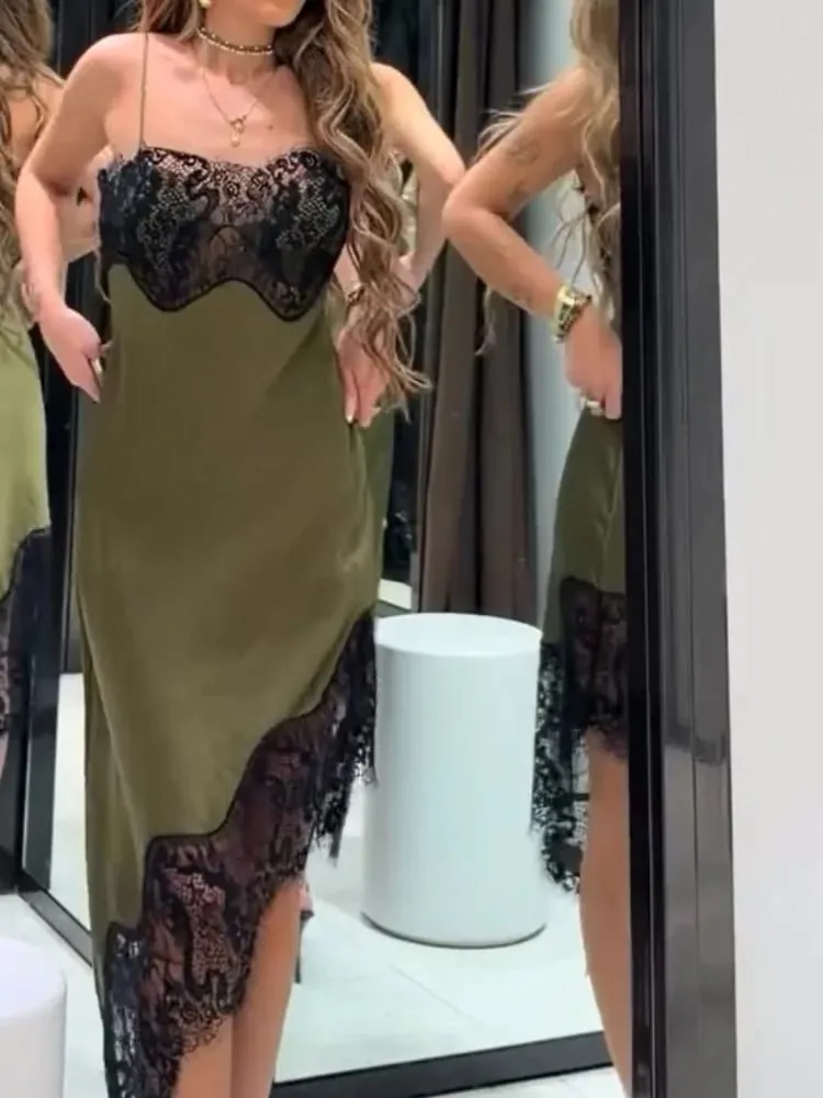 Chic Dentelle Patchwork Satin Robe Camisole Sans Manches Voir À Travers Ourlet Irrégulier Robes 2026 Nouvelle Fête Quotidienne En Plein Air Tenue Décontractée — image 3