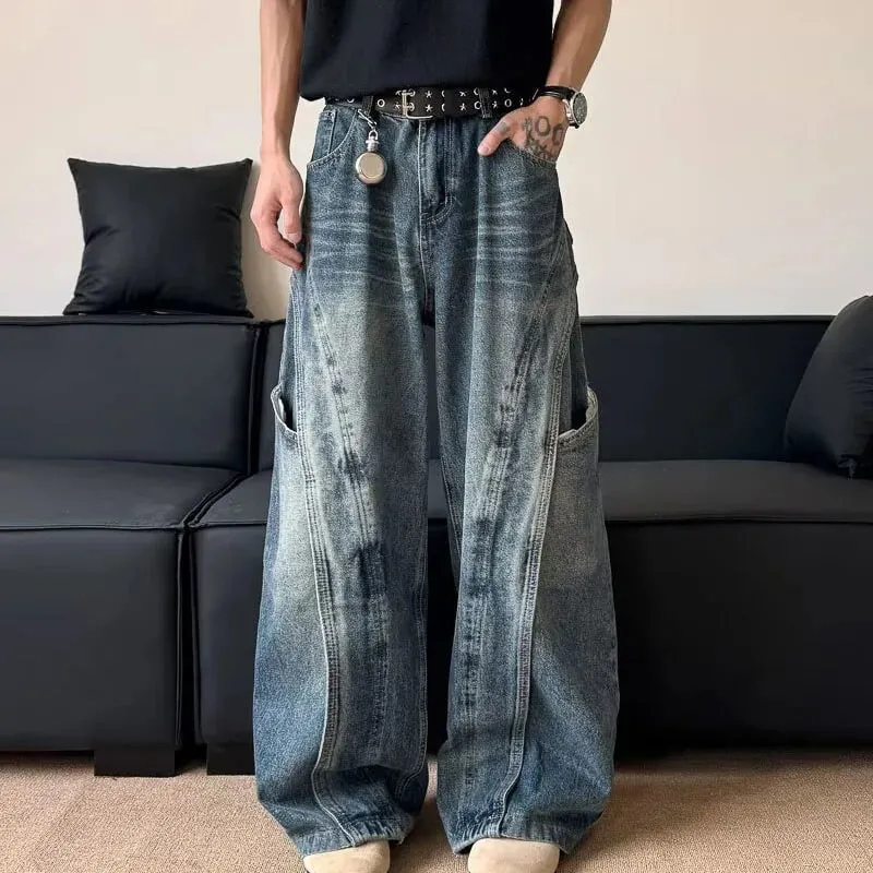 Wersja koreańska Męskie dżinsy z zakrzywionym nożem i luźnym wzorem retro Spodnie z prostymi nogawkami Casual, z dużą kieszenią i szerokimi nogawkami — image 7