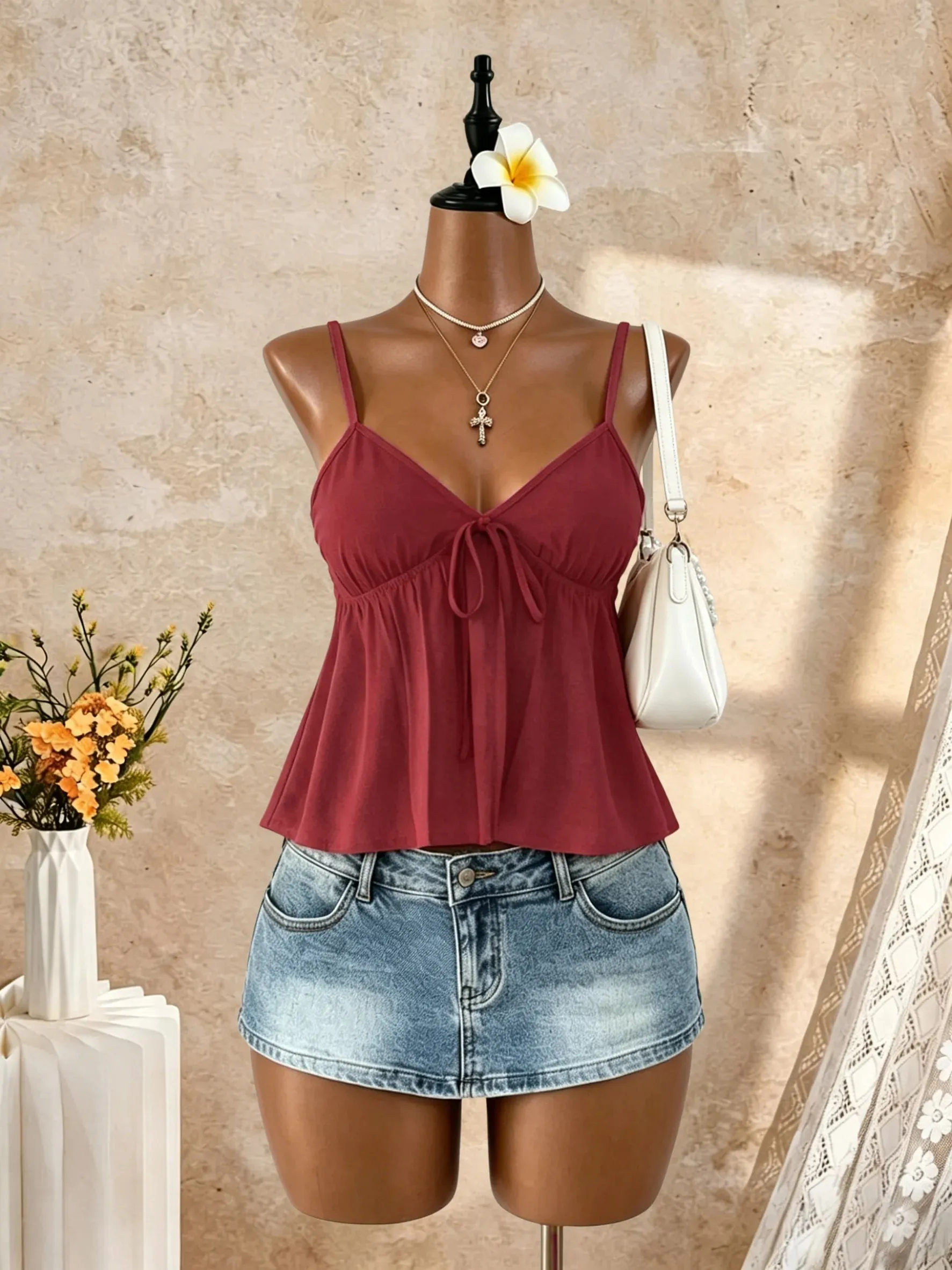 Women V Neck Spaghetti Strap Front Tie Ruched Waist Flared Peplum Cami Top 2026 Summer Y2K Solid Black Casual Beach Vacation Loo — image 11