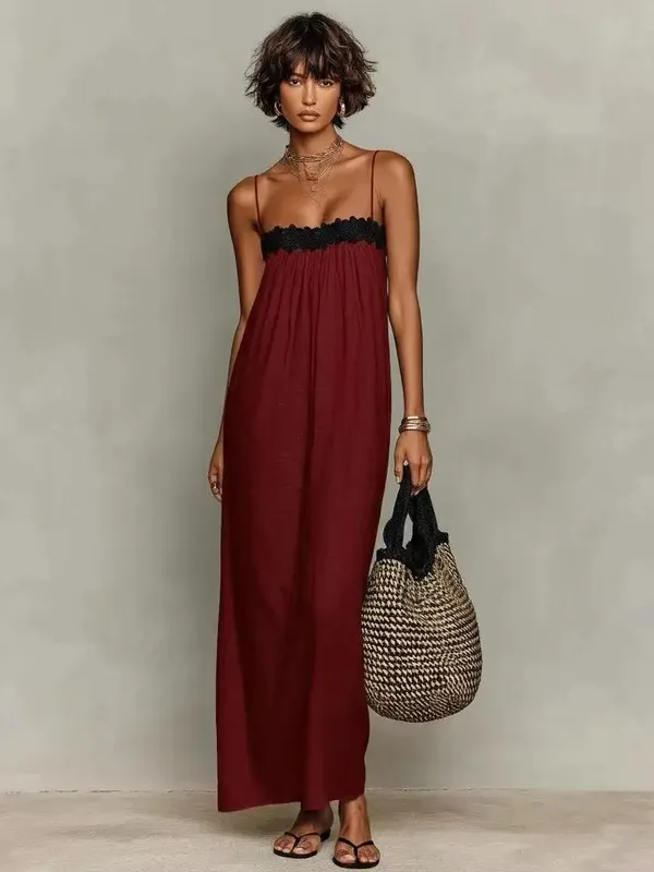Abito lungo Boho estivo da donna, cinturino per spaghetti, patchwork in pizzo, vestito estivo da spiaggia allentato, abiti lunghi da vacanza casual — image 4