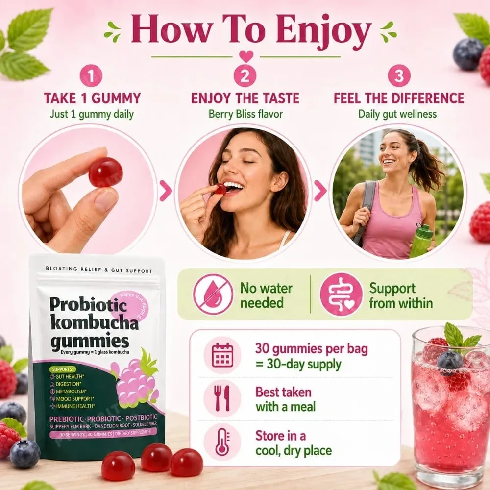 Probiotic Kombucha Gummies Every Gummy 1 Glass Kombucha Prebiotic Postbiotic Digestive Gut Health Vegan Berry Bliss 30 Gummies — image 6