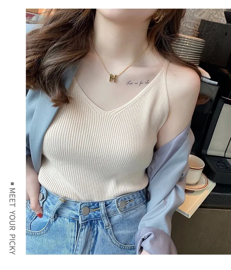 Corée D'été Hauts Nouveau Solide Col En V Élastique Tricoté Bretelles Camis Femmes Réservoirs Vêtements Bases Chemise — image 7