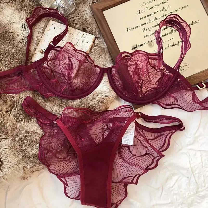 French Embroidery Lace Bra Set For Women Ultra Thin Sheer Minimizer Bra Hollow Out Lingerie Brassiere 32-38AB Elegant Daily Wear — image 12