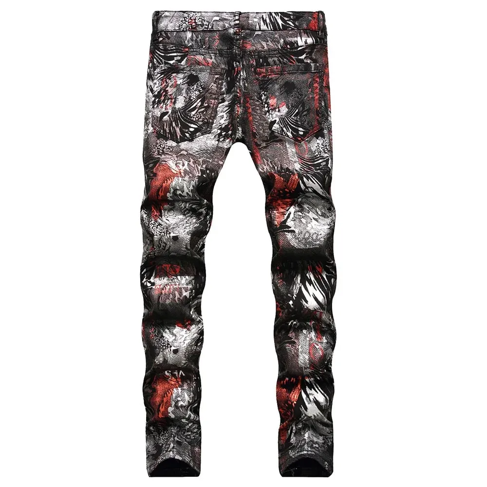 Jeans in denim rivestiti da uomo Pantaloni stampati con motivo astratto leopardato shinny Pantaloni slim affusolati — image 2