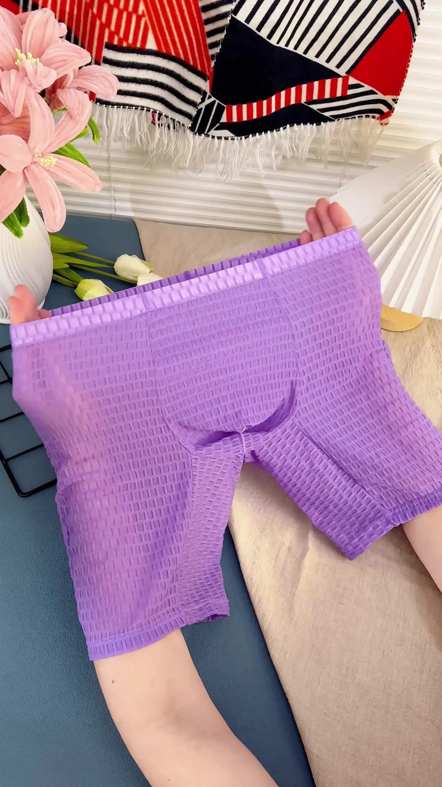 Herren-Boxershorts mit Waffelstruktur, verlängerte Boxershorts, halbhoher, durchsichtiger Netzstoff, kokett, lässig, athletisch, Sporthose, Schlüpfer — image 5