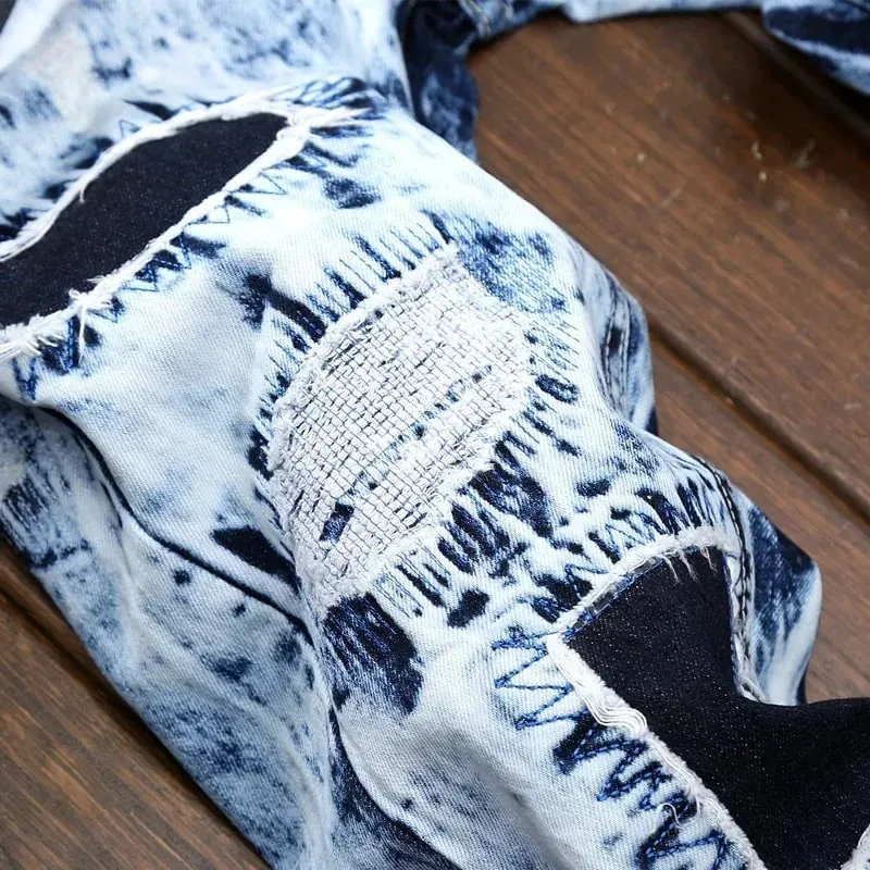 Jean déchiré en Patchwork brodé pour hommes (sans ceinture), pantalon en Denim pour moto, Slim, à la mode, vêtements de styliste pour hommes — image 5