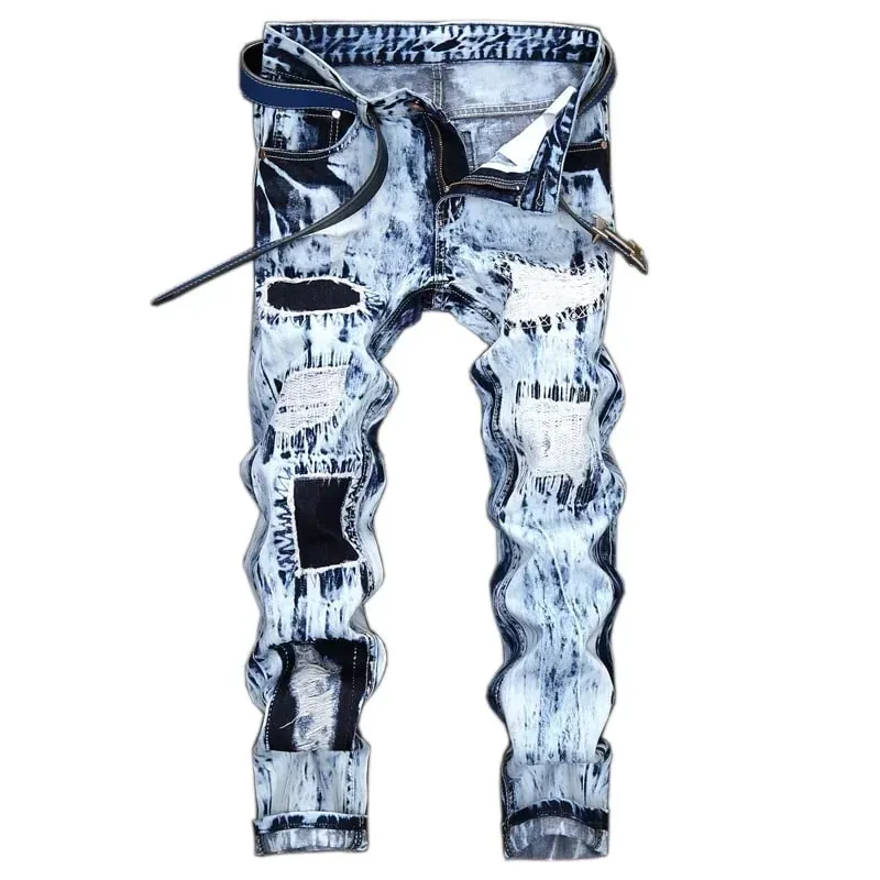 Jean déchiré en Patchwork brodé pour hommes (sans ceinture), pantalon en Denim pour moto, Slim, à la mode, vêtements de styliste pour hommes — image 2