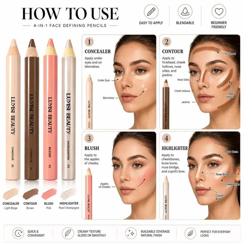 4 pièces/ensemble stylos de maquillage pour le visage correcteur + Contour + Blush + surligneur imperméable à l'eau couverture constructible velours mat et perle brillant-nourrissant.
