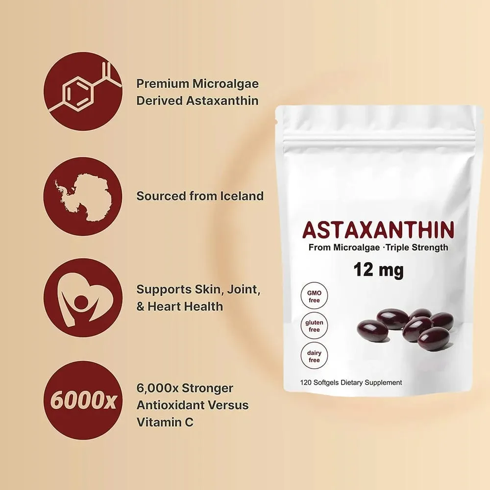 Astaxanthin 12 mg Kapseln – Astaxanthin-Antioxidans-Ergänzungsmittel unterstützen die Gesundheit der Augen, Gelenke, Haut und Durchblutung, natürliche Bräunung — image 3