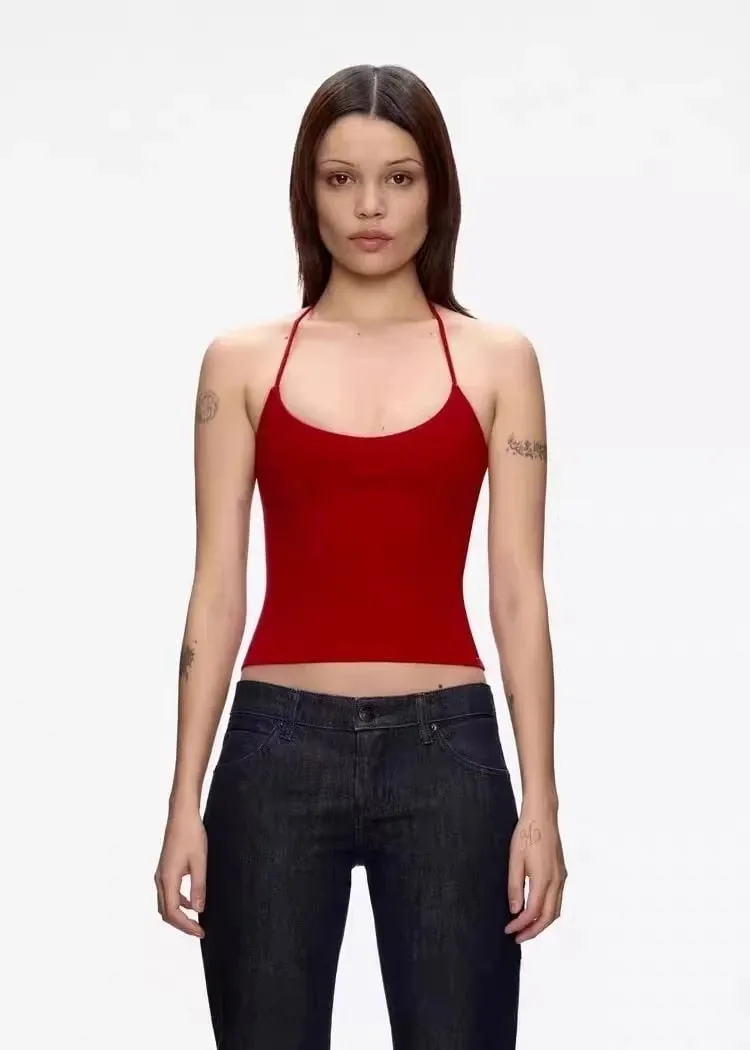 Tank summer red lace up halter top with cherry pink suspender and hollowed out back design — image 6