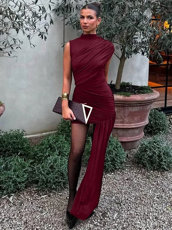 Mozision Irregular Draped Ruched Sexy Mini Dress For Women Elegant Turtleneck Sleeveless High Waist Pleated Club Party Dress — image 8