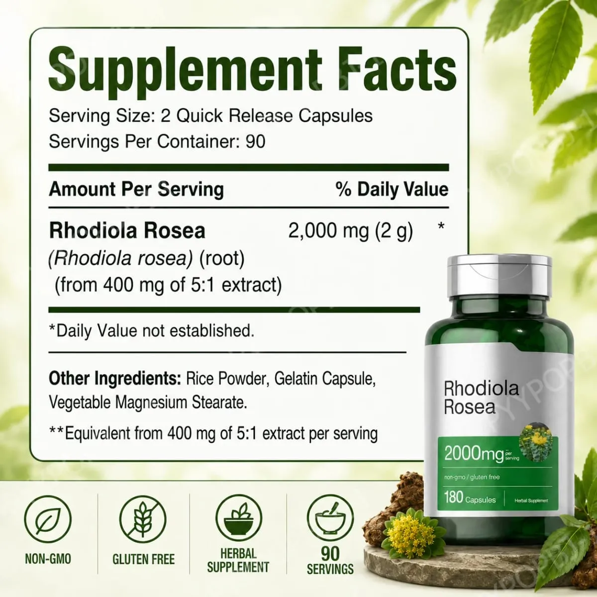 Ekstrak Akar Rhodiola Rosea 2000mg Suplemen Diet Herbal Setara 180 Kapsul — image 3