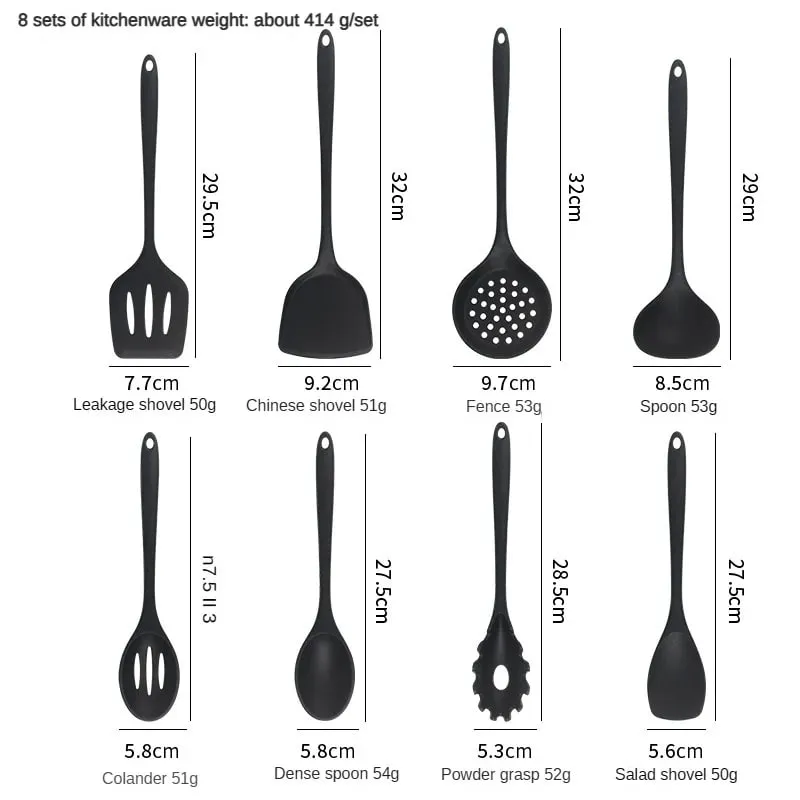 8ps ครัวเรือนเครื่องครัวซิลิโคนสีดำชุด 8 ชิ้นจีนช้อนสปาเก็ตตี้สลัดสปาเก็ตตี้สปาเก็ตตี้สปาเก็ตตี้,ช้อนข้าว, — image 2