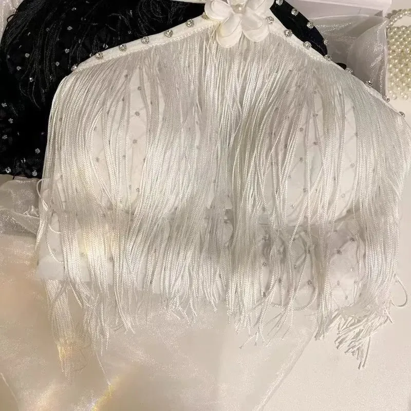 Dekoratives Neckholder-Top mit gepolsterten Körbchen, langer Quaste, Perle, funkelnder Diamant, Retro-Millennial-Stil, sexy Neckholder — image 6
