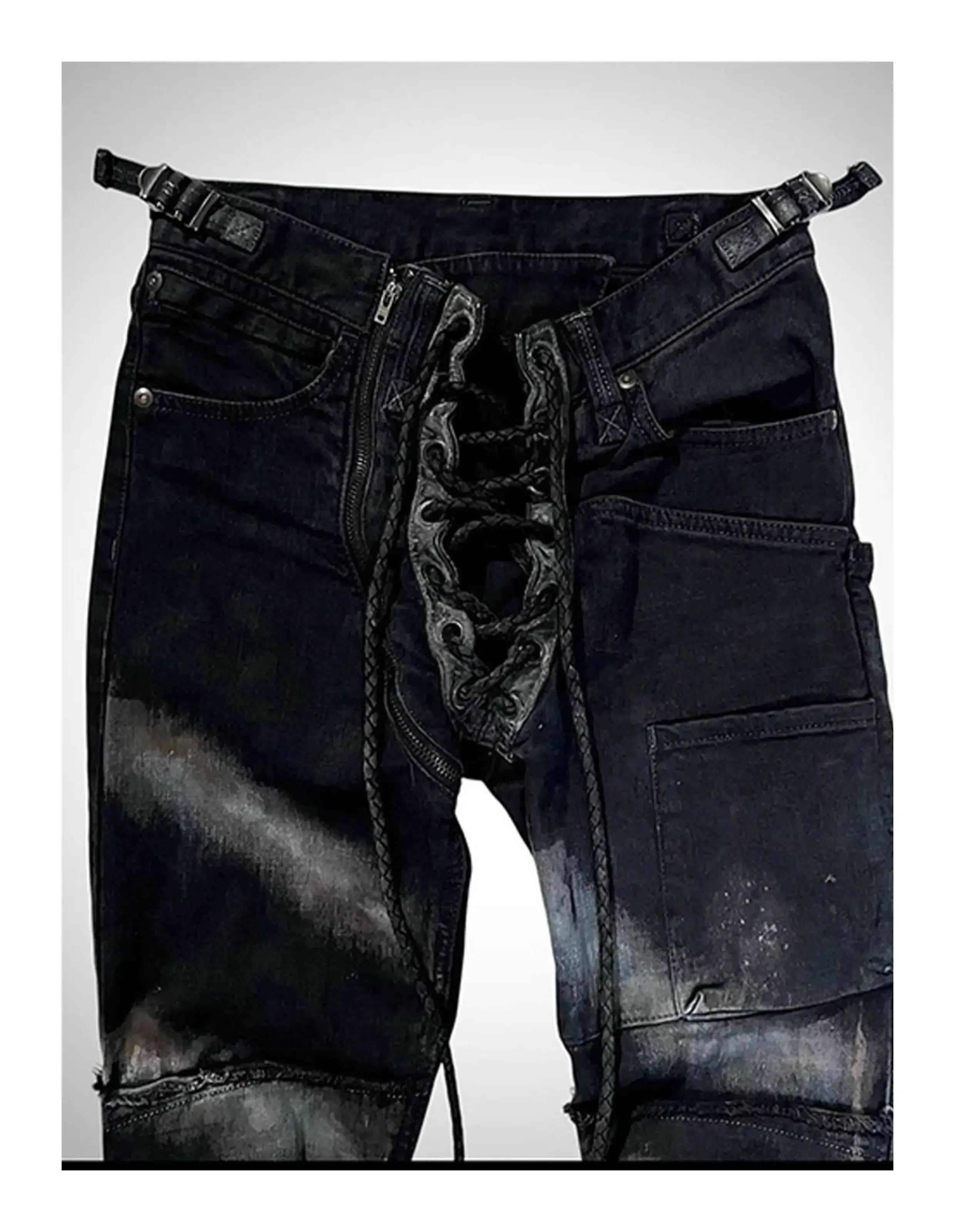 Ifsixwasnine Vision seprané pruhované šněrovací slim-fit stahovací džíny — image 7