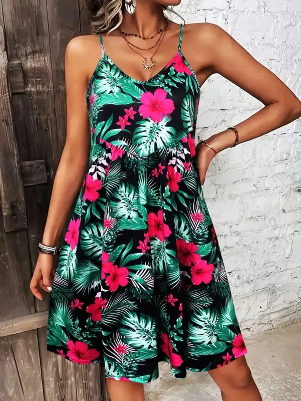 Abito a canotta con stampa stile vacanza estiva con scollo a V e cinturino per spaghetti per abiti da vacanza Abiti bohémien per donna estivi — image 7